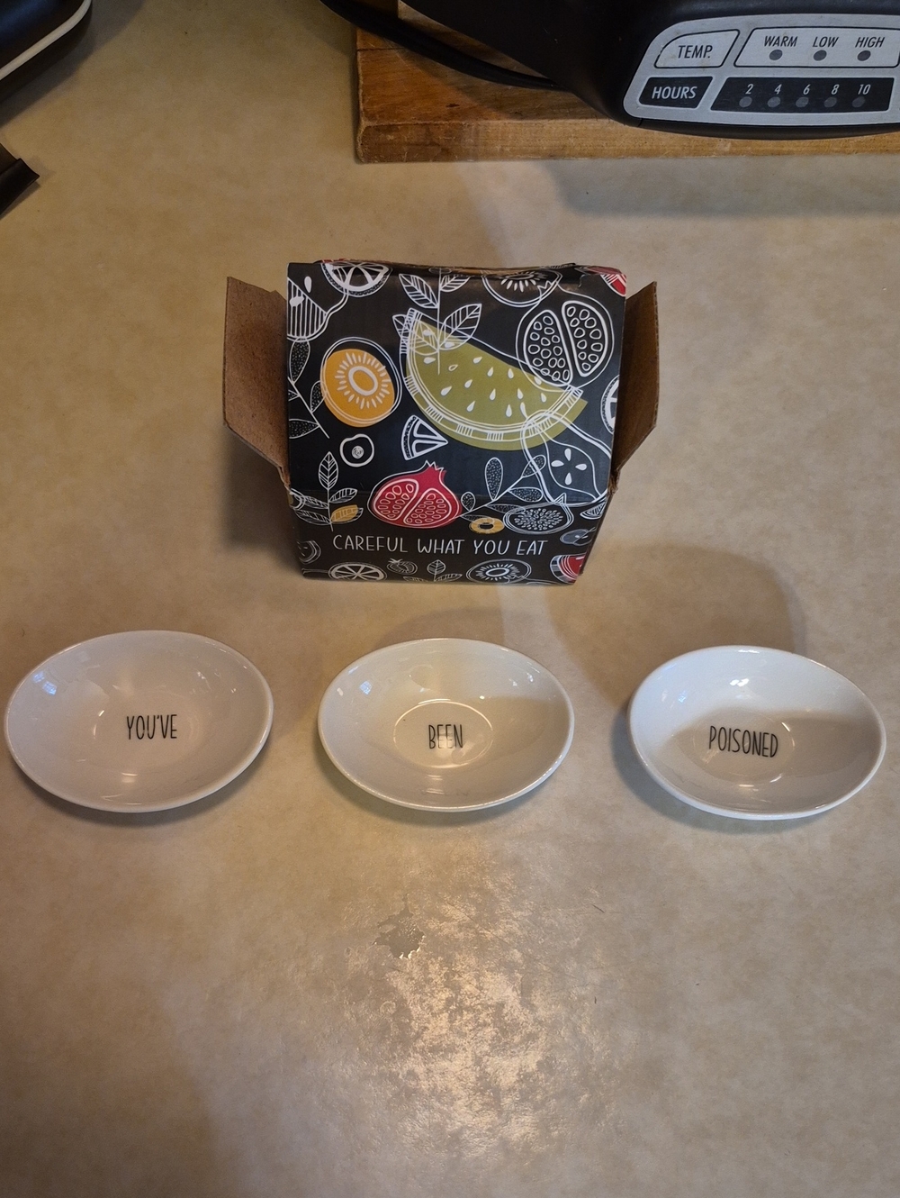 Small White Ceramic Dishes "You've"  "Been" "Poisoned"